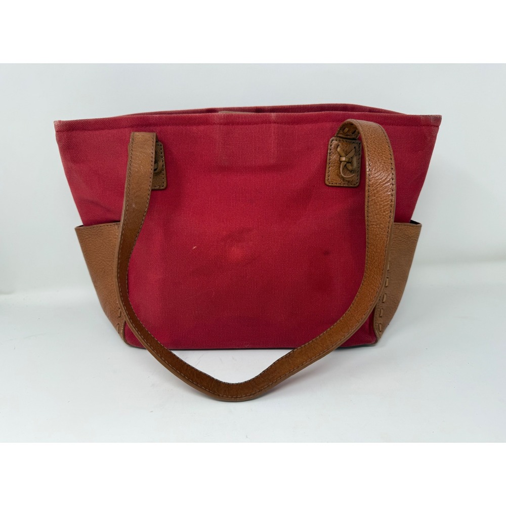 Fossil Red Canvas Brown Leather Trim Tote Shoulder Bag Whipstitch Key Charm - Picture 5 of 14